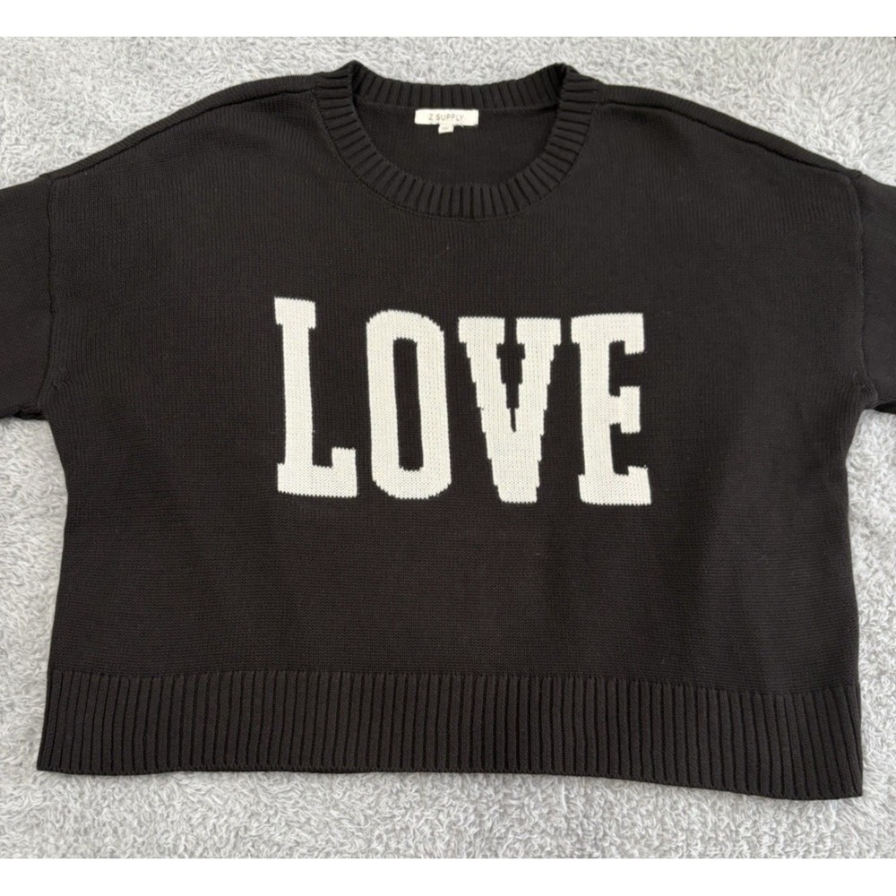 Z Supply Womens L LOVE Sweater Black Graphic Cotton Knit Cropped Oversized Pull - Picture 3 of 9